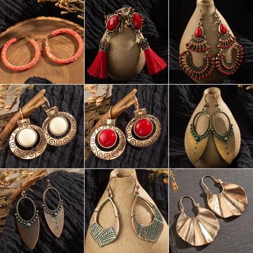 Vintage Ethnic Bohemian Earrings for Womens Jewelry Big Round Circle Geometric Sequins Red stones Drop Earring Brincos Bijoux