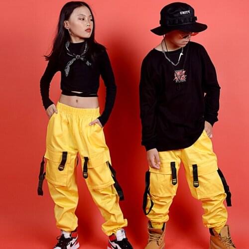 Hip Hop Dance Costumes Boys Girls Street Dancing Clothing Yellow Overalls Pants Stage Rave Outfit Jazz Performance Wear DN4636