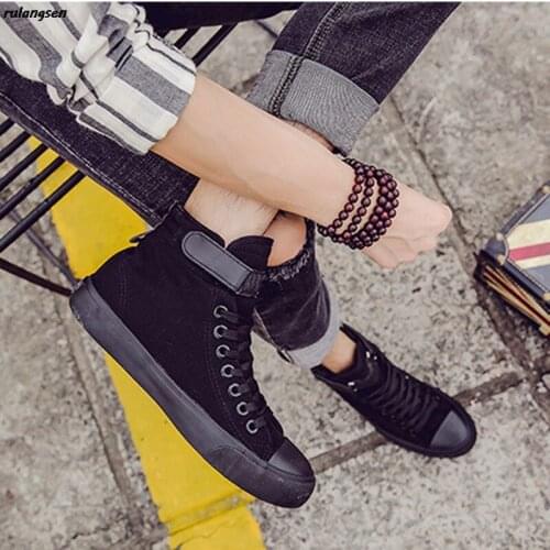 Casual Student High-Top Black Canvas Shoes White Shoes All Black Men And Women Trendy Shoes Gaobang Shoes