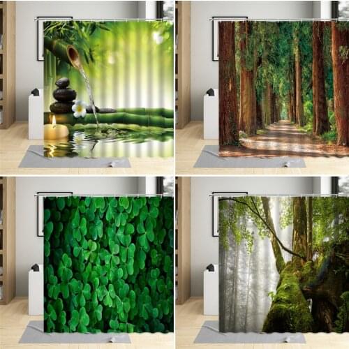 Plant Shower Curtain Bamboo Tree Green Leaf Flower Butterfly Cactus Spring Scenery Bathroom Curtain Set Bathtub Decor Wall Cloth