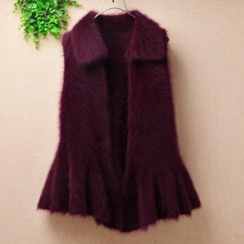 Ladies women clothing hairy angora rabbit hair knitted turn-down neck sleeveless slim cardigan vest mink fur jacket coat sweater