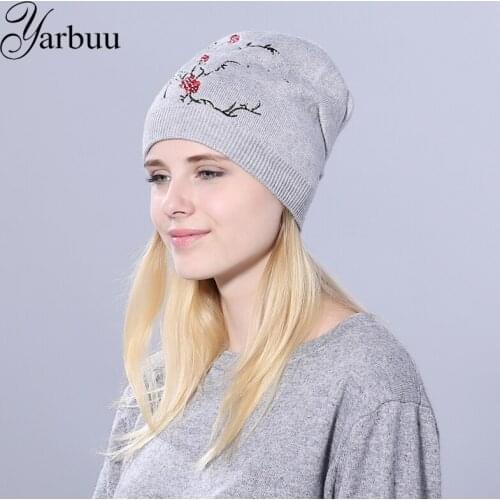 [YARBUU] Womens Winter Hat Knitted New Solid Wool Beanie Flower Rhinestone Hats For Women Beanies Balaclava Womens Skullies