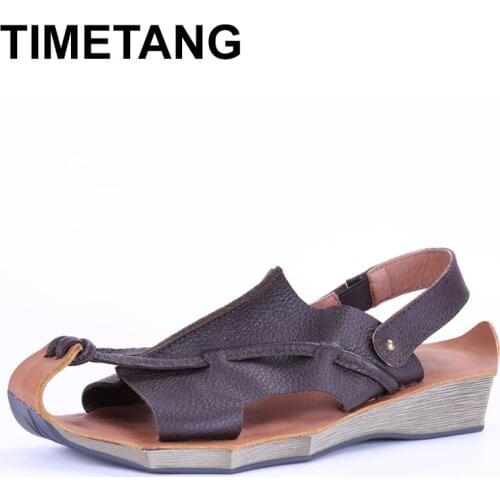 TIMETANG Summer new genuine Leather retro leisure womens sandals,cowhide handmade cotton and hemp artistic sandals