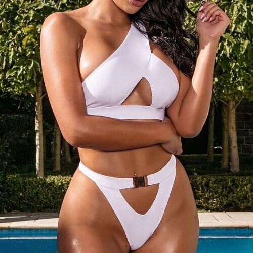 New 2021 sexy split swimsuit one shoulder black bikini swimming suit for women high waist 2 piece sets womens