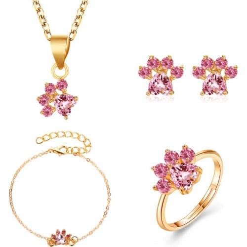 1 Set Pink Crystals Cat Paw Print Earrings Rings Pendant Bracelet Adjustable Pet Cat Dog Paw Jewerly Set for Women