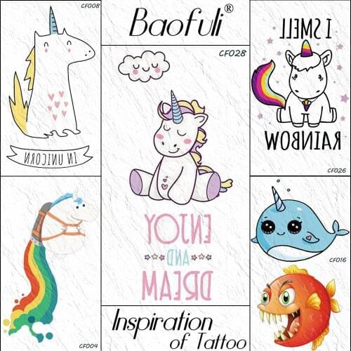 Baofuli Unicorn Flash Cartoon Temporary Tatto Body Art Tattoo Rainbow Waterproof Piranha Fake Tattoo Children Dlophin Hand