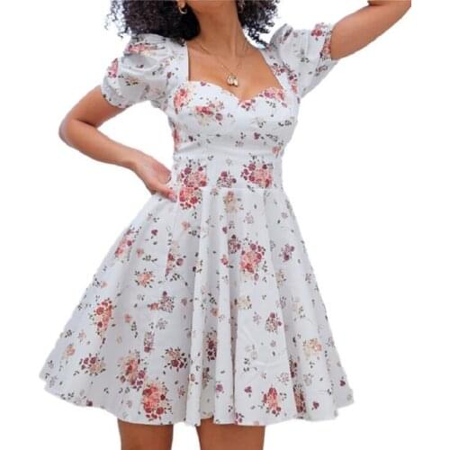 Bohe Flower Print White Dress Women 's Short Puff Sleeve Zipper Mini Sundress Elegant Summer Dress Ladies Clothing