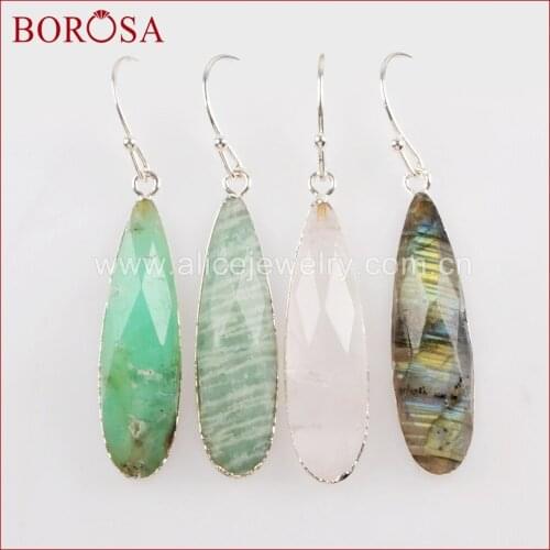 BOROSA 5pairs Silver Color Teardrop White Quartz Crystal Labradorite Faceted Stone Charms Dangle Earrings Gems Jewelry S1524-E