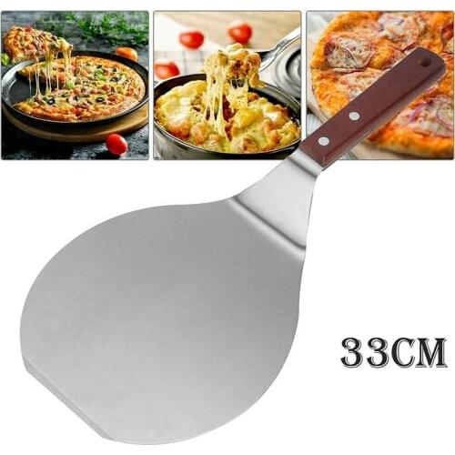 Wooden Handle Pizza Peel Paddle Shovel Stainless Steel Bakers Tray Shovel 33cm Long Round Pan For Pizza Pie Cakes Baking Tool