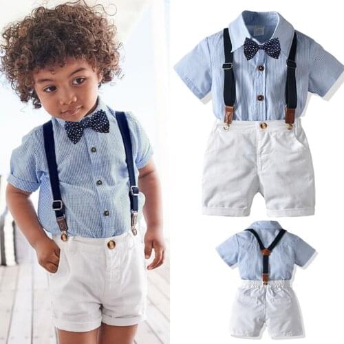 Boys Striped T-Shirt Overalls Bow Tie Cotton Clothes Sets Clothes Fashion Gentle T Shirt Overalls Pants Clothing Suits Summer