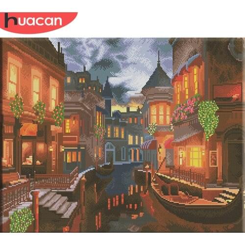 HUACAN Embroidery City Landscape Kits Cross Stitch Street Scenery Needlework Sets White Canvas DIY Home Decor 14CT 40x50cm