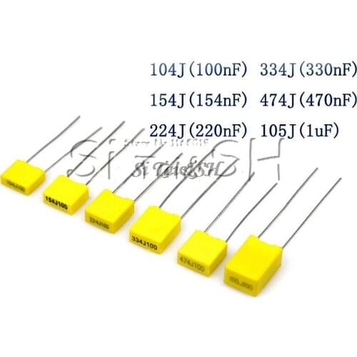 100pcs Polypropylene Safety Plastic Film 100V 1nF ~ 470nF 100nf 220nf 10nf 47nf 22nf 1nf 0.47uf 0.1uf Correction capacitor
