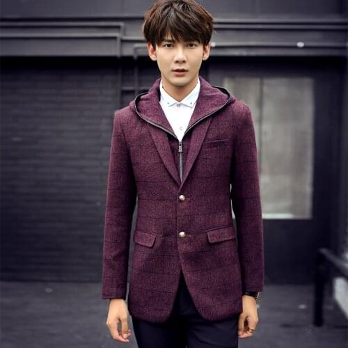 Youth Korean Fashion MenS Loose Autumn New Fake Two-Piece Hooded Suit Medium And Long Leisure Lattice Handsome Coat
