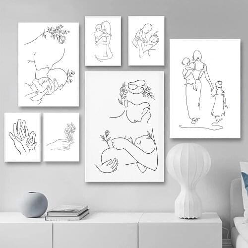 Family Line Drawing Wall Poster Print Dad Mother and Baby Portrait Canvas Wall Art Modern Cozy Home Wall Picture Decor Design