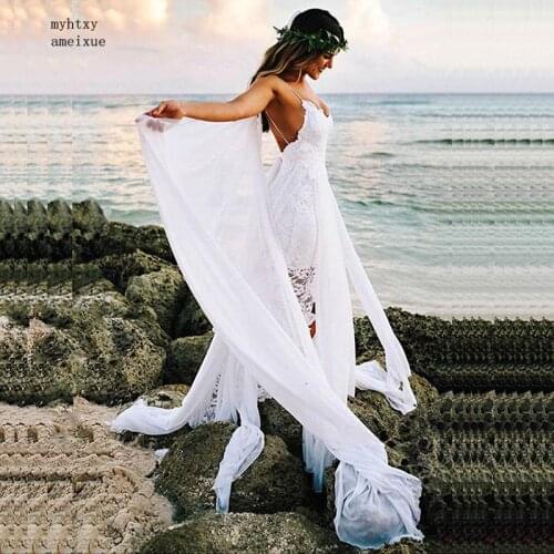 Boho Cheap Wedding Dress Spaghetti Strap A Line Lace Sexy Backless Beach Wedding Gown White Ivory Bride Dress Free Shipping 2020