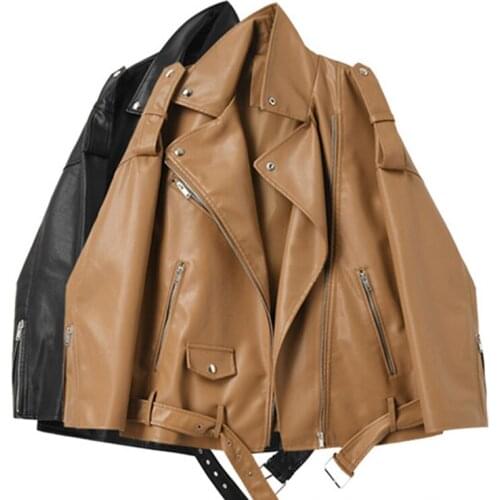 FMFSSOM 2021 New Autumn Women Faux Leather Jackets Loose Casual Coat Female Drop-shoulder Motorcycles Outwear with Belt Clothes