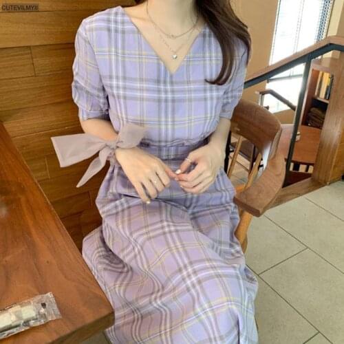 New Summer Dress Girls Boho Party Female Vintage Dress purple plaid lace up Short Sleeve Women Dresses Cotton