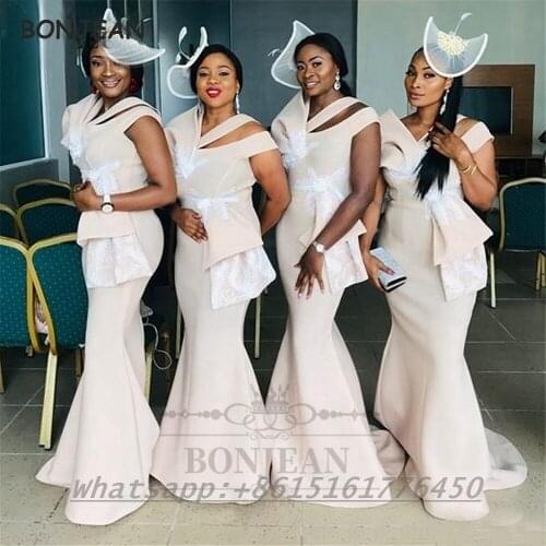 African Bridesmaid Dresses 2021 Mermaid Lace Appliques Floor Length Elastic Satin Bridesmaid Dress Plus Size for Women Wedding