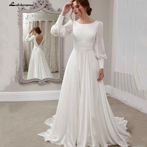 Simple Wedding Dress 2021 Backless O-Neck Chiffon Zipper Lantern Sleeve Sweep Train Bride Gown Robe De Mariée Custom Made