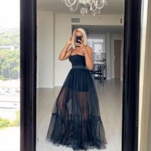 See Through Tulle Skirt Black Elastic Band Long Skirts Girl Floor Length jupe femme Hi Low Tiered Skirt