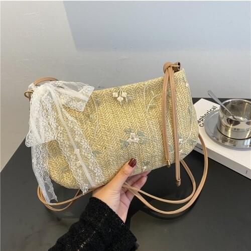 Women New Straw Designer Lace Girls Purses and Handbags Crossbody Bag Female Flowers Embroidery Shoulder Messenger Bags 2021