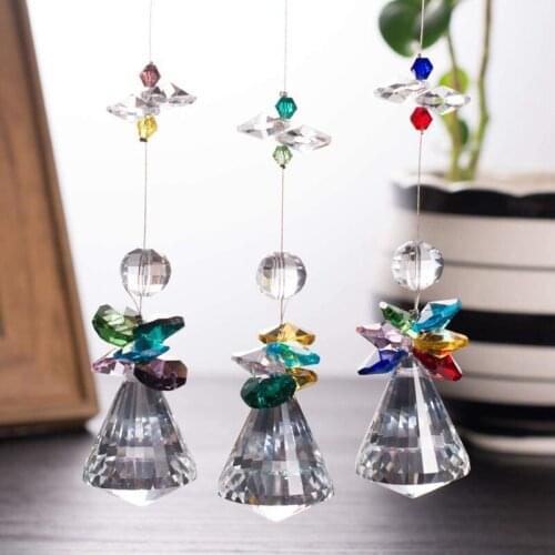 Glass Crystal Rainbow Angel Ornament Chakra Hanging Suncatcher Window Sun Baroque Maple Leaf Pendant for Gift