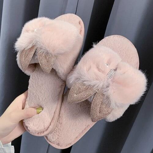 Round bead Rabbit ears Fur Warm Slippers Fur slides Ladies Flats Shoes Slip on Bow-knot Home Furry Slippers Cute Woman