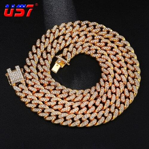 US7 Hip Hop 13mm Miami Cuban Link Chain Necklace Iced Out Bling Rhinestone Necklaces for Men Jewelry