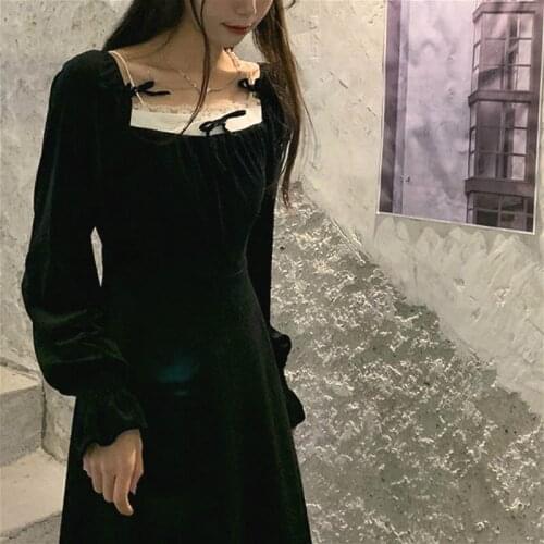 Velvet Black Dress Women Fashion Square Collor Long Sleeve Bow One Piece Dress Korean 2021 Spring Party Elegant Dress Female