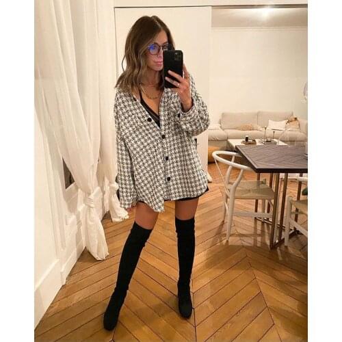 Retro style houndstooth ladies thick big pocket cardigan jacket classic personality texture knitted loose top women