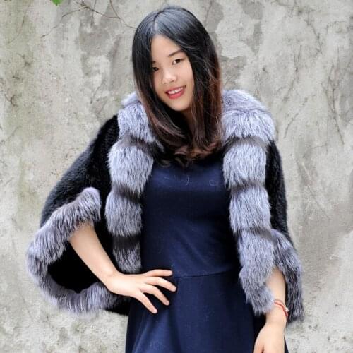 CX-B-M-13 Black Genuine Mink Fur Fashion Winter Shawl Cape