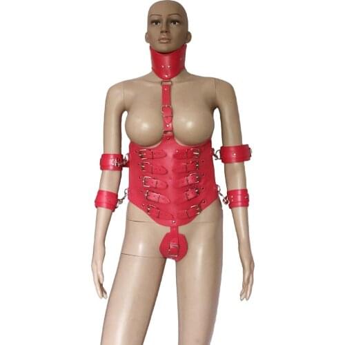 PU Leather Lock Down Open Cup Underbust Corset with Attached Choker Collar Arm Restraint Cuffs Women Bodysuit Fetish Costume