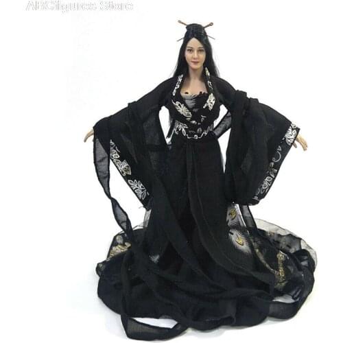 Female Ancient Chinese Style 1/6 Black Peacock Embroider Long Dress Clothing Fit 12'' PH TBL UD Figure Body