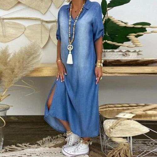 Women Denim Dress Midi Dress 3/4 Length Sleeve Solid Print Casual Jeans Dress Ladies Casual V Neck Elegant Party Long Sundress