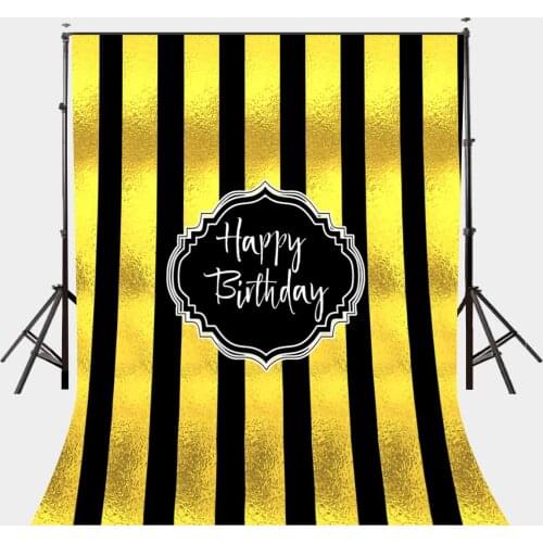150x210cm Happy Birthday Photography Background Black and Golden Vertical Stripes Backdrops Studio Props Birthday Party