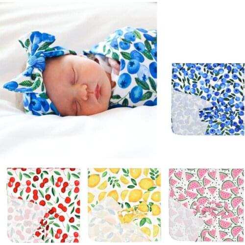 2 Pcs/Set Newborn Baby Receiving Blanket Headband Set Infant Fruit Printed Swaddle Wrap Sleeping Bag Hair Band Kit