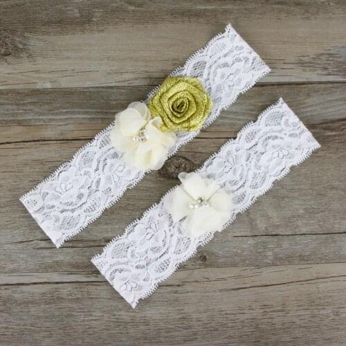 2pcs/lot Wedding Garters Set Bridal Toss Garter Beaded Keepsake Garter Cream Chiffon Puff Flower Ivory Lace Wedding Gift