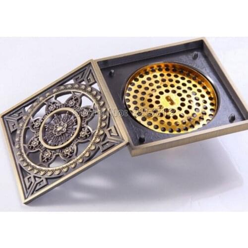 Antique Brass Square Art Carved Floor Drain Shower Waste Drainer Whr024