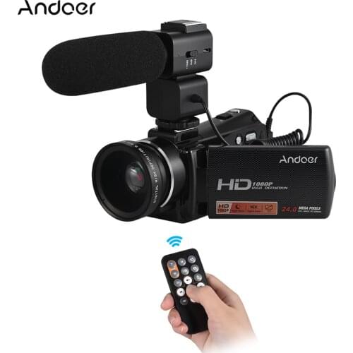 Andoer HDV-V7 PLUS Digital Video Camera 1080P Full HD 24MP Camcorder Remote Control+ External Microphone + 0.45X Wide Angle Lens