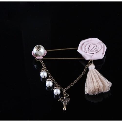 Elegant Women Ribbon Rose Flower Long Thread Tassel Bronze Metal Venetian Pearls Ballet Dancer Pendant Chain Brooch Pin Jewelry