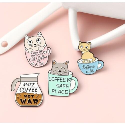 Cat Coffee Cup Alloy Brooch Bag Clothes Backpack Lapel Enamel Pin Badges Cartoon Jewelry Gift For Friend Women Accessories