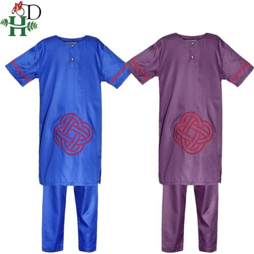 H&D Boys African Clothes 2 Pieces Set Children Tops Pants Suit Kids Short Sleeve T-shirt Embroidery Clothing Wedding Party Boy