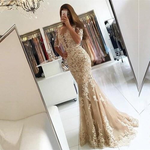Robe De Bal Femme Longue Half Sleeves Champagnes Lace Appliques Beads Mermaid Prom Dress Sexy Backless Women Evening Party Gown