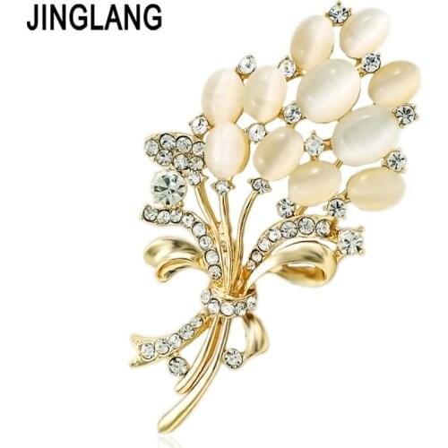 JINGLANG Fashion Gold Color White Opal Brooches Rhinestone Flower Bouquet Brooches For Women Wedding Dress Decoration Jewelry