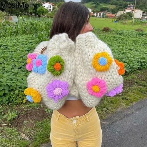MosiMolly Mulit Handmade Flower Sweater Cardigan Women Jumper Knitting Coats Outerwear 2021