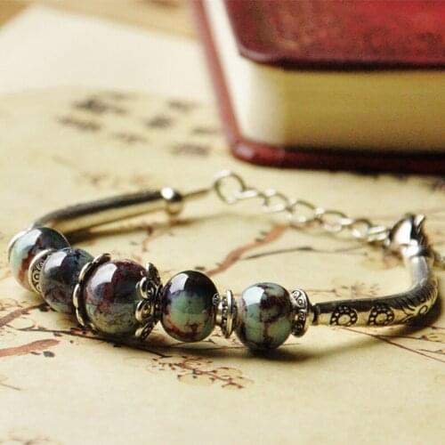 Ceramic Beads Bracelets Porcelain Charm Flower Silver Bronze Adjustable Cuff Bangle Wristbands Women Ethnic Jewelry Accessories