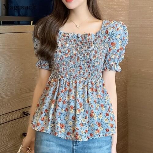 Summer Floral Printed Chiffon Blouses Womens Casual Pleated Korean Tops Slim Vintage Harajuku Women Shirts Blouses Mujer 15330