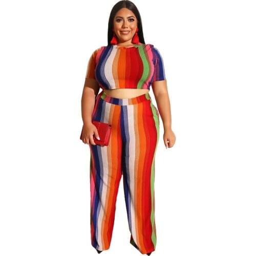 Summer Womens Clothing Sets Casual Striped Crop Top and Loose Straight Trouser Plus Size Two Piece Sets Wholesale Dropshipping