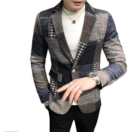 Mens Suit Jacket Winter New Slim Fashion Plaid Casual Business Casual British Style Dress Wool Warm Blazers Coat Groom