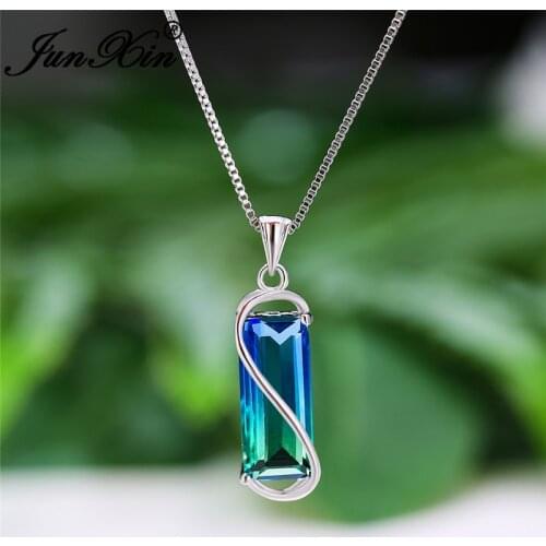 Mystic Rainbow Fire Crystal Rectangle Stone Pendant Necklaces For Women White Gold Gradient Blue Green Zircon Wedding Choker Cz